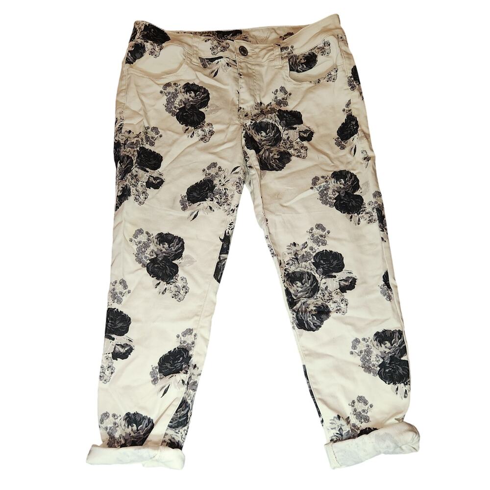 American Eagle Floral Jegging Jean Womens Ivory Black Roses Low Rise Size 12